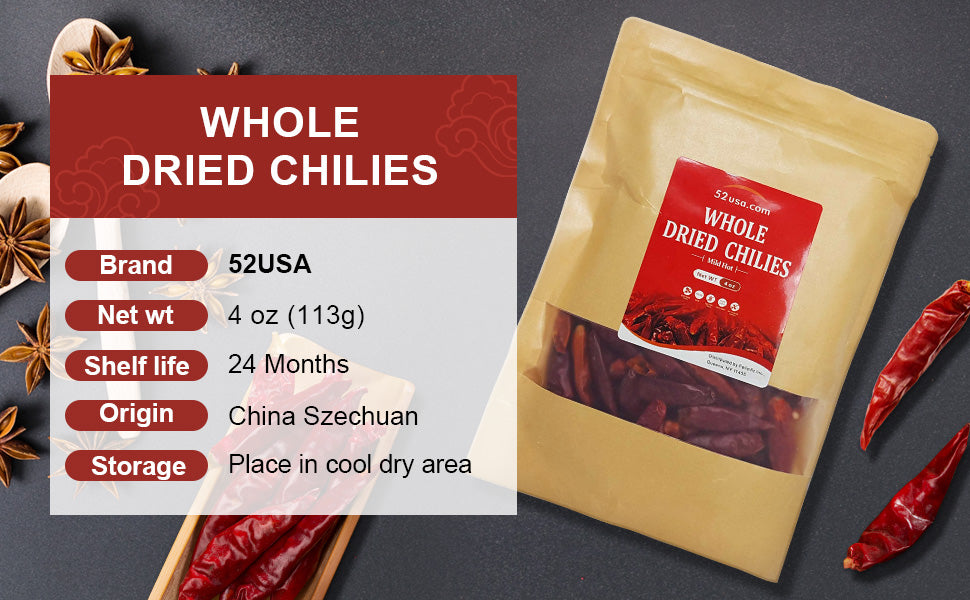 52USA Dried Chilli Peppers, Whole Dried Chilies 4 oz, Mild Spicy Chili Peppers, 100% Natural & Premium Sichuan Red Dry Chilis, Red Chili Peppers, Dry Sichuan Chile Peppers Great for Mexican Recipes