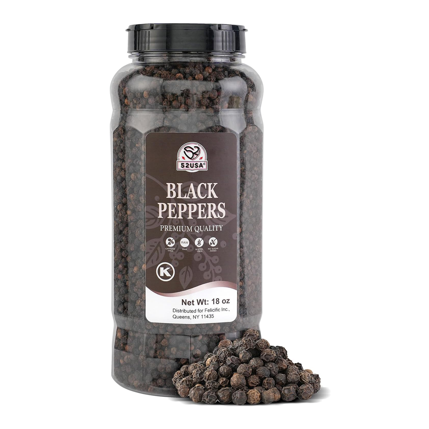 2USA Whole Black Peppercorns 18oz – All Natural, Non-GMO, Gluten-Free, Kosher Peppercorns for Grinder Refill, Perfect for Cooking & Seasoning