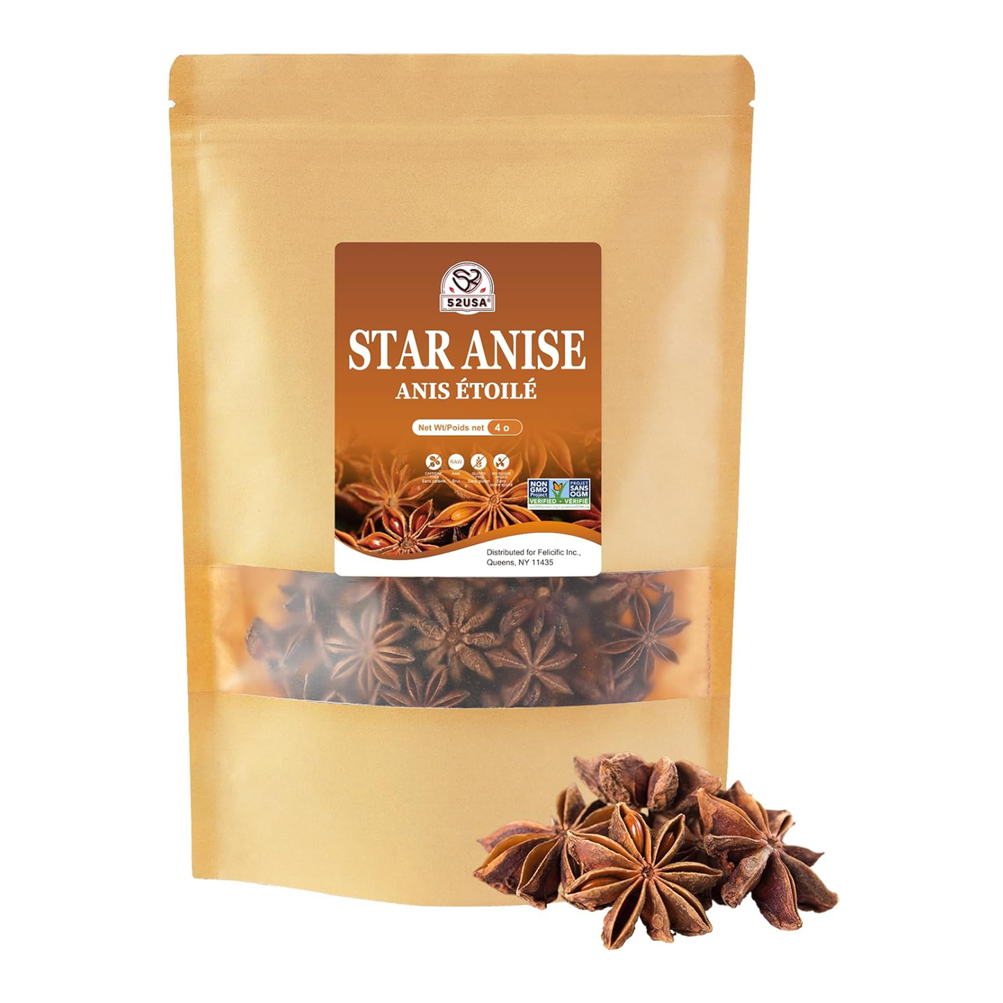 52USA Star Anise Whole, 4 Ounce (Pack of 1), NON-GMO Verified Chinese Star Anise Whole, Dried Star Anise Pods for Tea and baking