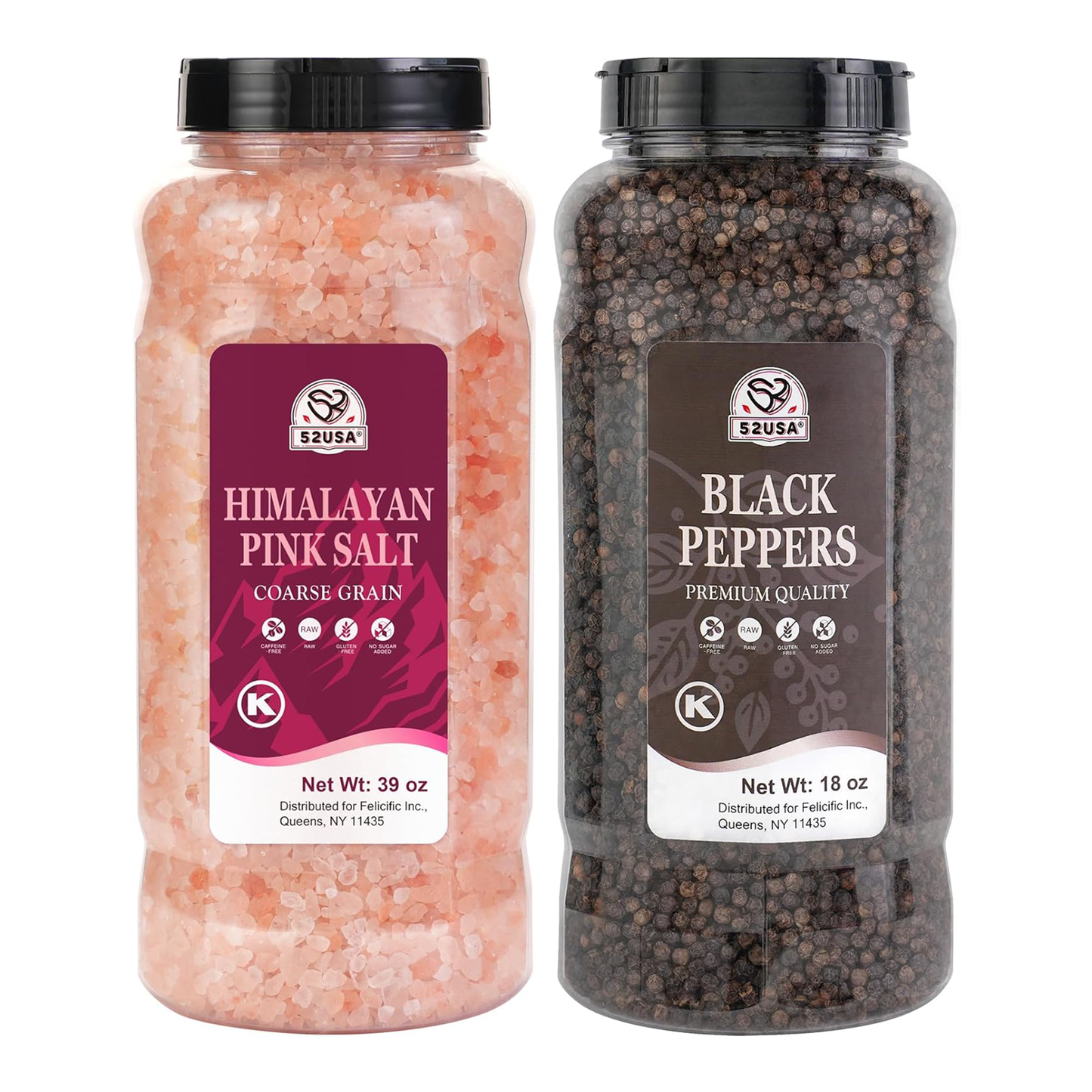 52USA Whole Black Peppercorns (18 oz) + Himalayan Pink Salt Coarse (39 oz)