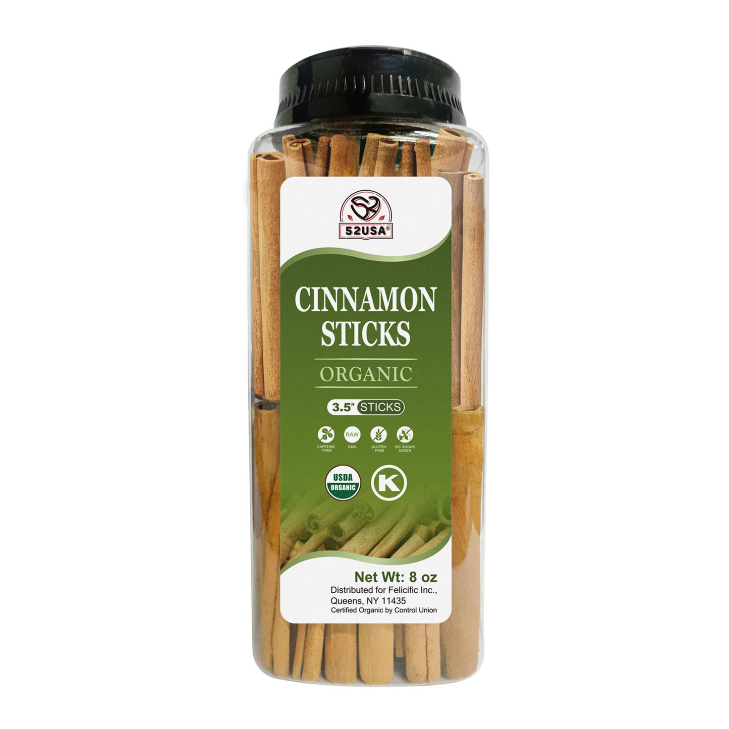 52USA Organic Cinnamon Sticks 8oz (226g) – Whole Cinnamon Sticks, 100% Raw, USDA Organic & Kosher Certified, Non-GMO, Gluten Free, Pure & Fresh Spice for Baking, Cooking & Beverages