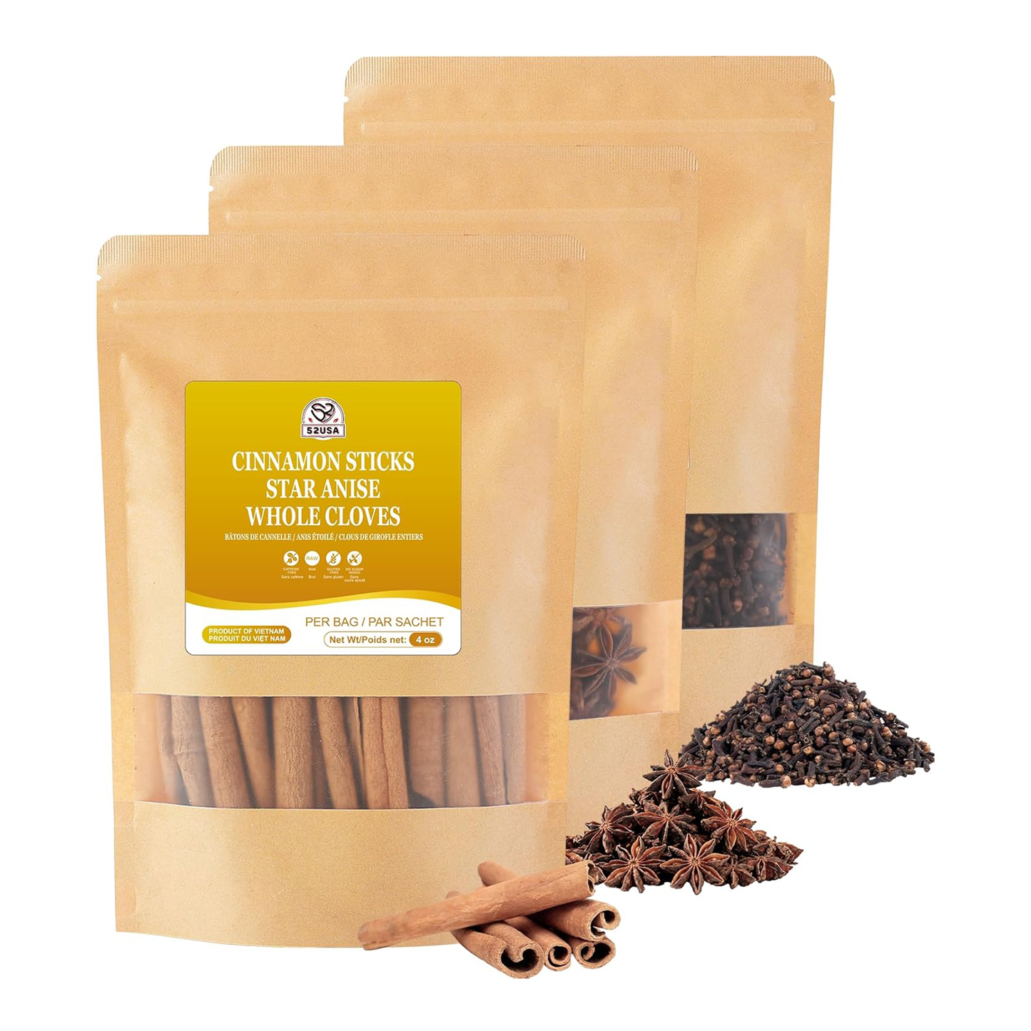 52USA Cinnamon Sticks, Star Anise & Whole Cloves Set – 4 oz Each, All Natural Spices for Cooking & Baking, No Preservatives, Spice Gift Set