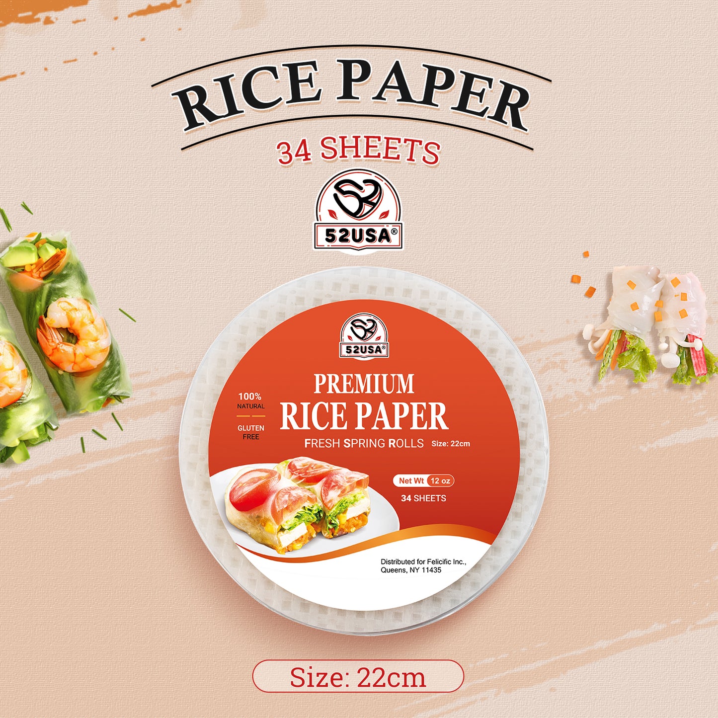 52USA Rice Paper, 1 Pack, Rice Paper Wrappers, Fresh Spring Roll & Dumplings-34 Sheets, Gluten-Free Wonton Wrapper, Vegan, Low Carb, Vietnamese Rices Wraps (Round, 22cm)