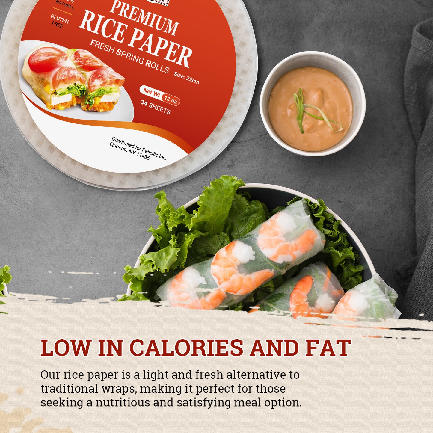 52USA Rice Paper, 1 Pack, Rice Paper Wrappers, Fresh Spring Roll & Dumplings-34 Sheets, Gluten-Free Wonton Wrapper, Vegan, Low Carb, Vietnamese Rices Wraps (Round, 22cm)