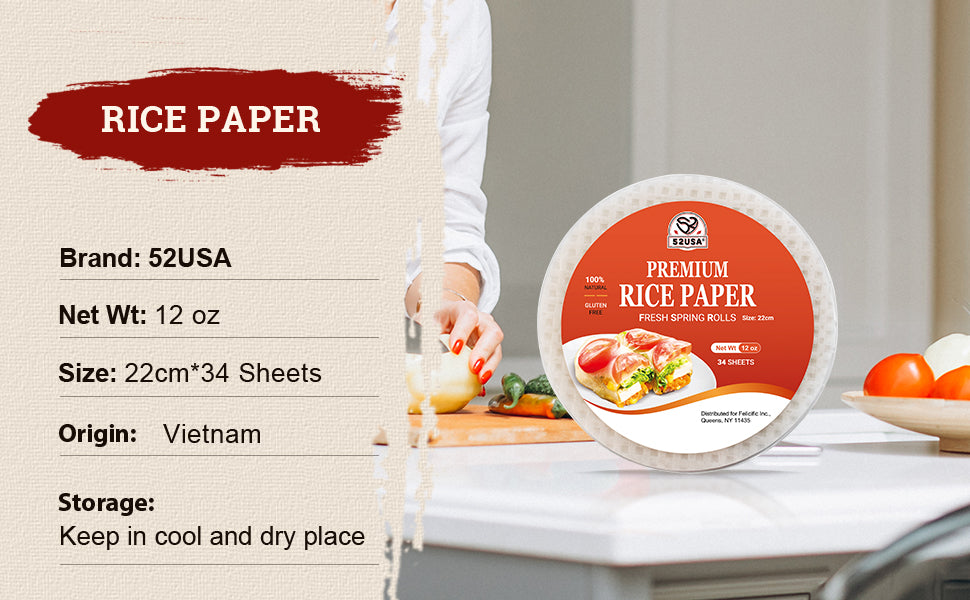 52USA Rice Paper, 1 Pack, Rice Paper Wrappers, Fresh Spring Roll & Dumplings-34 Sheets, Gluten-Free Wonton Wrapper, Vegan, Low Carb, Vietnamese Rices Wraps (Round, 22cm)
