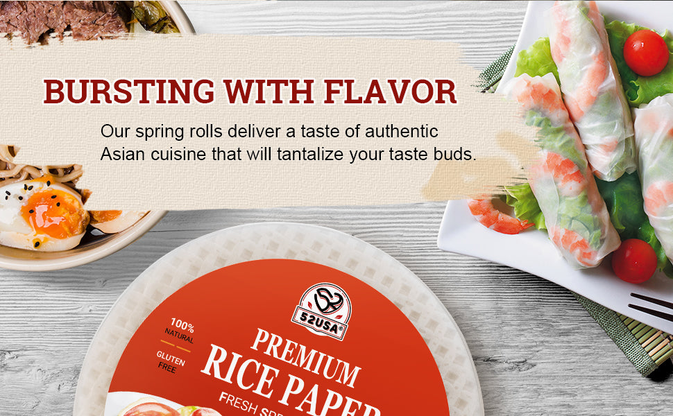 52USA Rice Paper, 1 Pack, Rice Paper Wrappers, Fresh Spring Roll & Dumplings-34 Sheets, Gluten-Free Wonton Wrapper, Vegan, Low Carb, Vietnamese Rices Wraps (Round, 22cm)