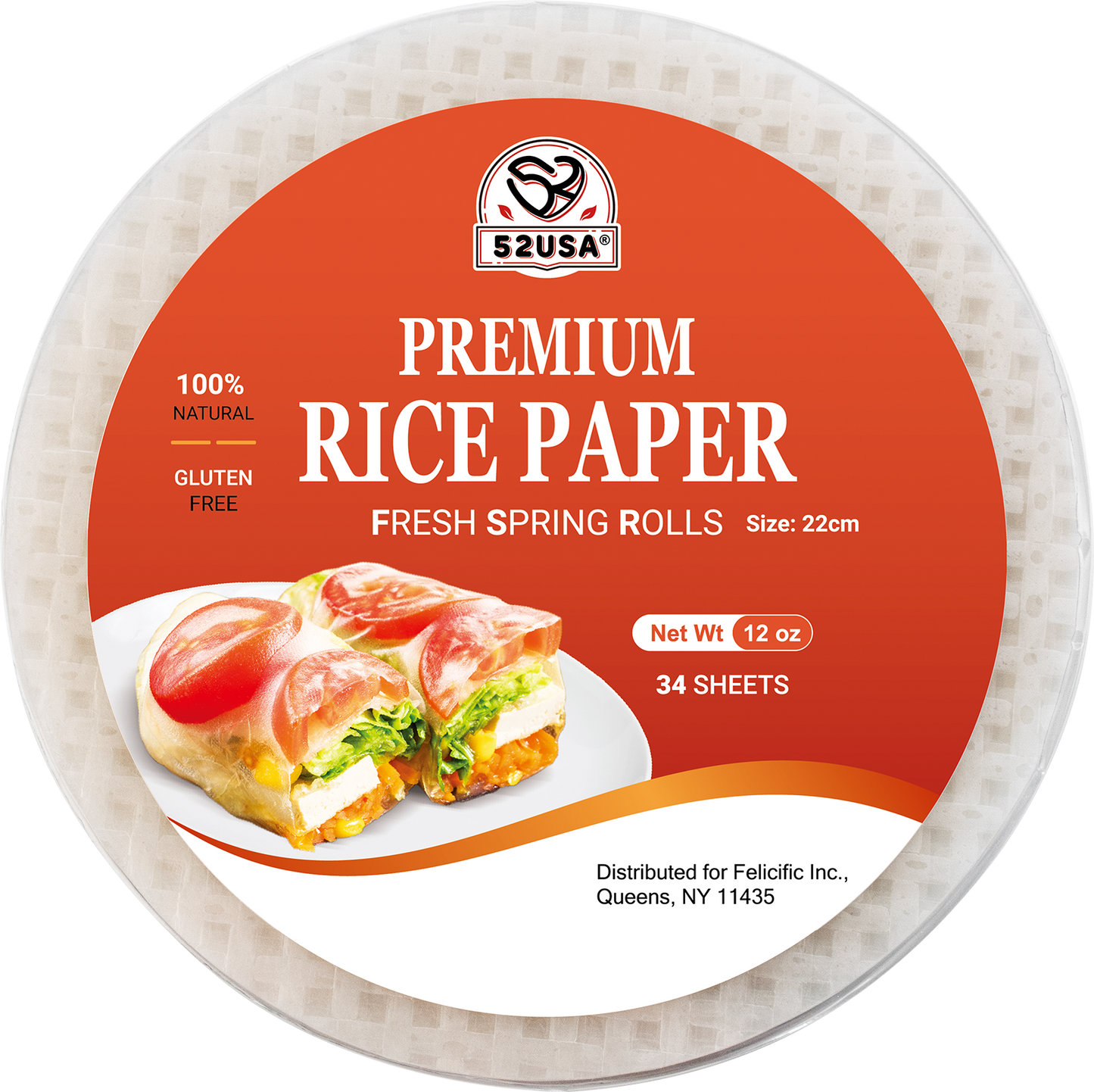 52USA Rice Paper, 1 Pack, Rice Paper Wrappers, Fresh Spring Roll & Dumplings-34 Sheets, Gluten-Free Wonton Wrapper, Vegan, Low Carb, Vietnamese Rices Wraps (Round, 22cm)