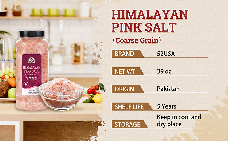 52USA Himalayan Pink Salt, Coarse Grain, 39 oz (2.4 LB), Pink Himalayan Sea Salt, Kosher Salt, Sea Salt for Grinder Refill, Himalayan Salt