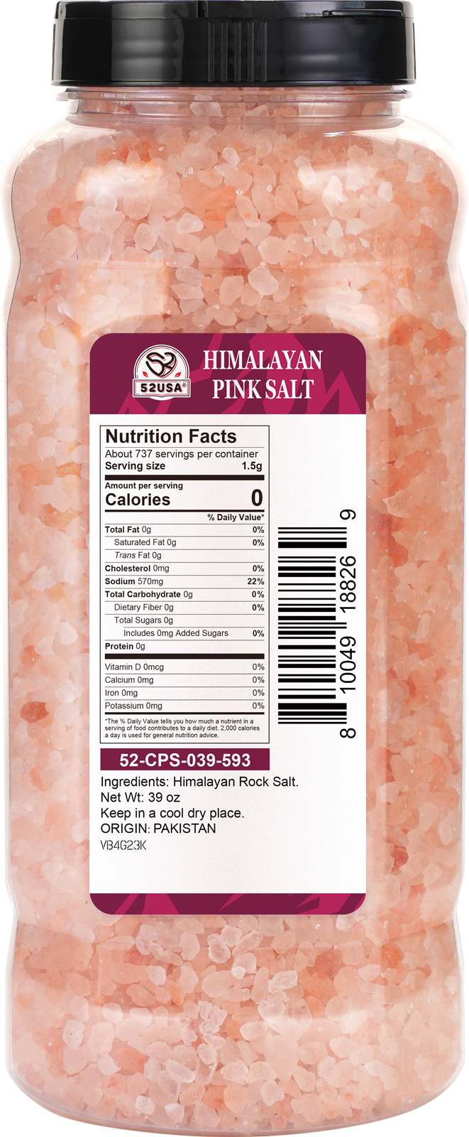 52USA Himalayan Pink Salt, Coarse Grain, 39 oz (2.4 LB), Pink Himalayan Sea Salt, Kosher Salt, Sea Salt for Grinder Refill, Himalayan Salt