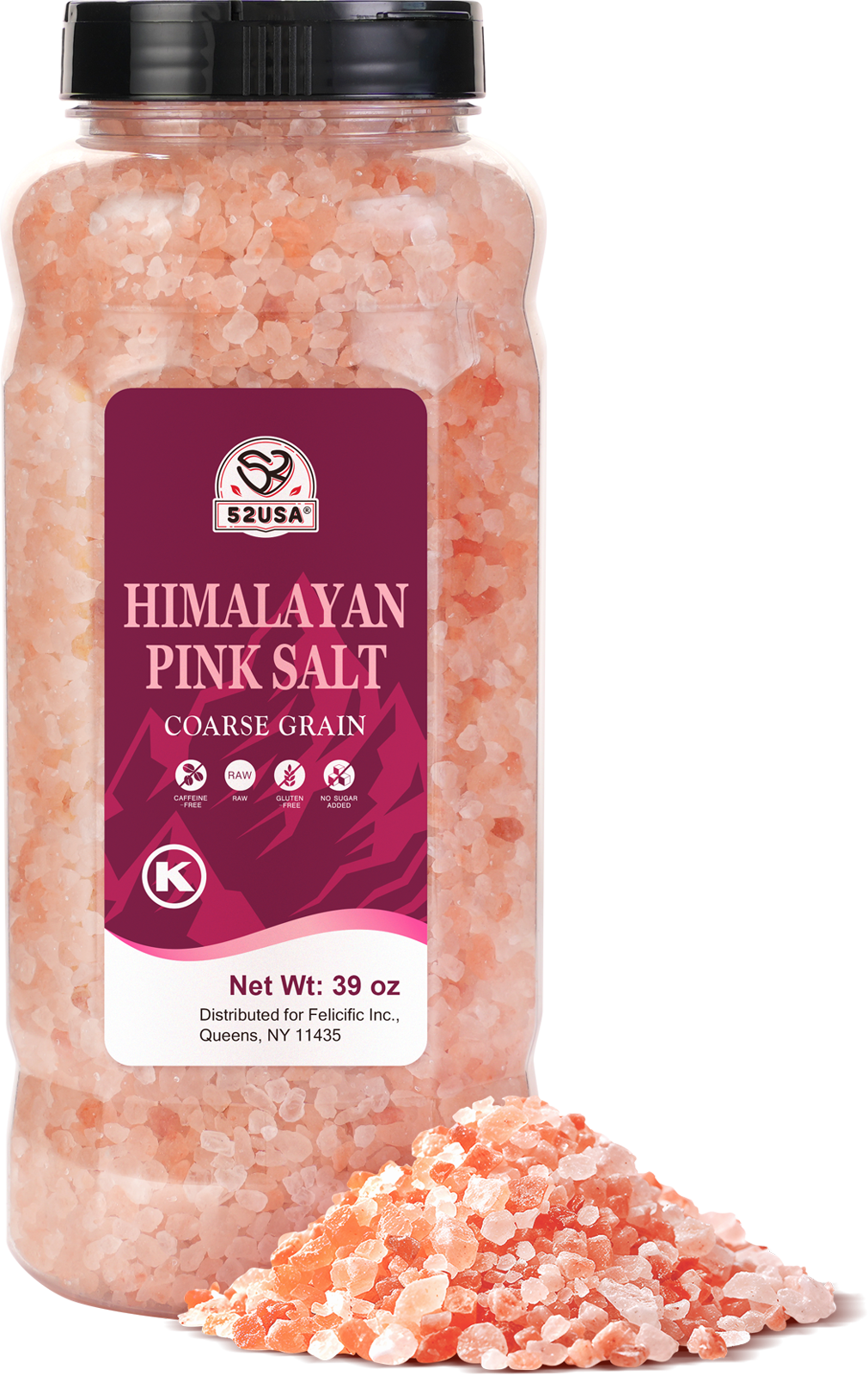 52USA Himalayan Pink Salt, Coarse Grain, 39 oz (2.4 LB), Pink Himalayan Sea Salt, Kosher Salt, Sea Salt for Grinder Refill, Himalayan Salt