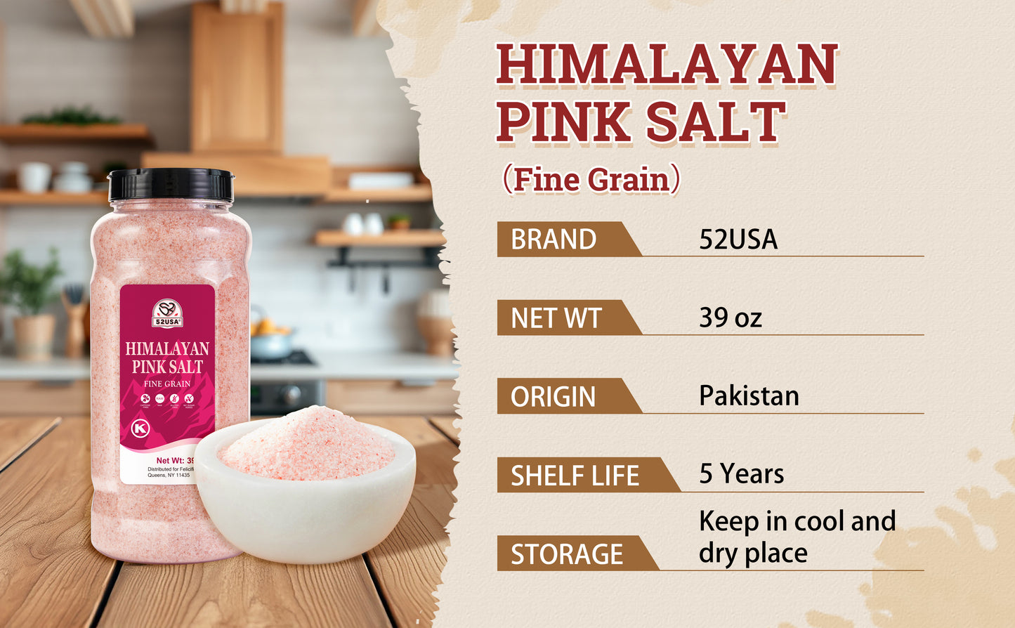 52USA Himalayan Pink Salt, Fine Grain, 39oz (2.4 LB), Pink Himalayan Sea Salt, Himalayan Salt, Kosher Salt, Rock Salt for Grinder Refill
