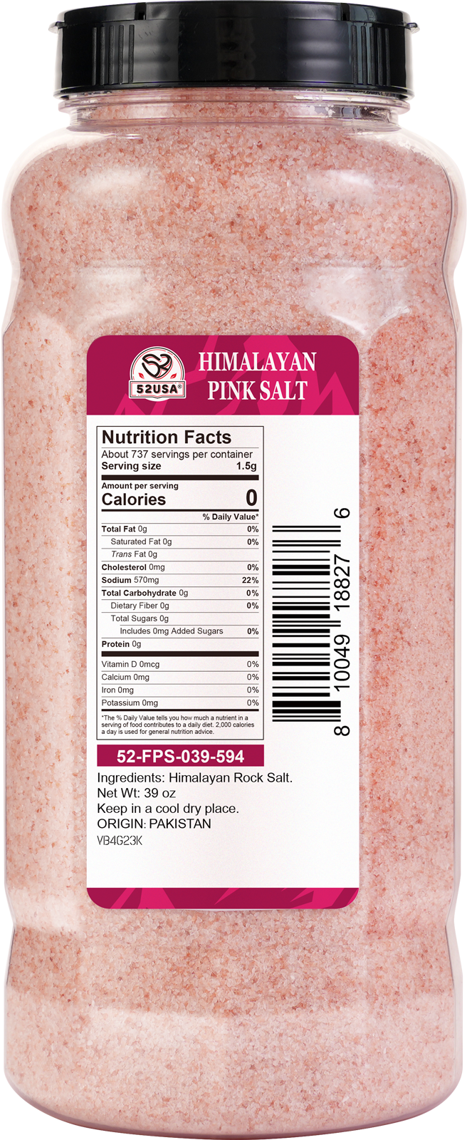 52USA Himalayan Pink Salt, Fine Grain, 39oz (2.4 LB), Pink Himalayan Sea Salt, Himalayan Salt, Kosher Salt, Rock Salt for Grinder Refill