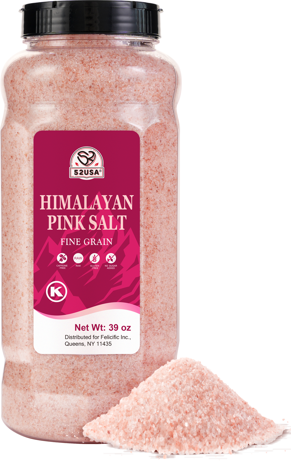 52USA Himalayan Pink Salt, Fine Grain, 39oz (2.4 LB), Pink Himalayan Sea Salt, Himalayan Salt, Kosher Salt, Rock Salt for Grinder Refill