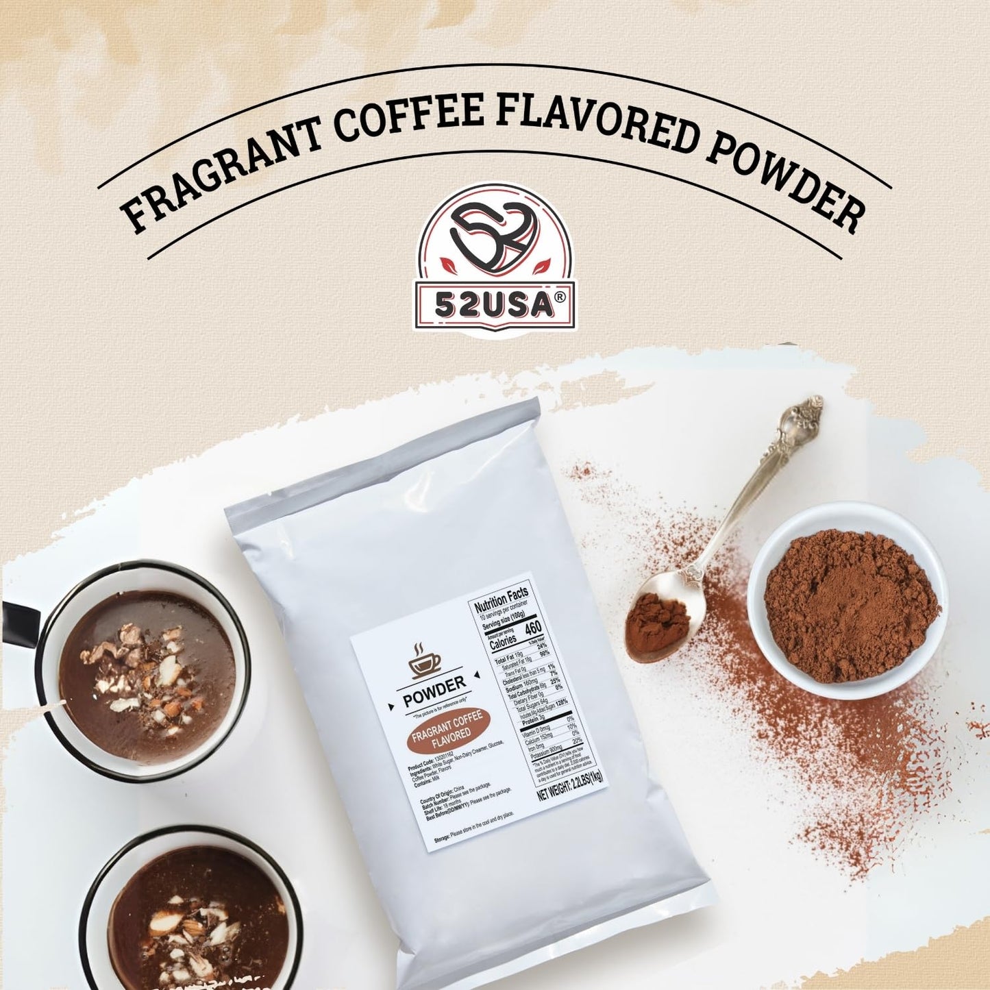 52USA Coffee Milk Tea Powder Flavored, 2.2 lbs (1kg), 3-in-1 Instant Bubble Tea Mix with Creamer & Sugar, Smooth and Creamy, Easy to Prepare for Boba Drinks