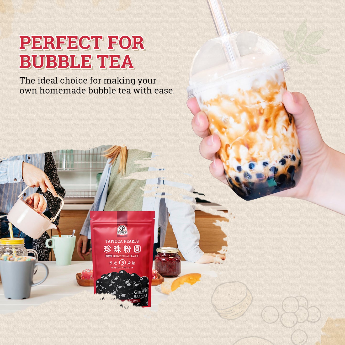 52USA Boba Tapioca Pearl, Black Sugar Flavor, Fresh Bubble Tea Pearl, 8.8 Oz (250 g), Black Tapioca Pearl For Bubble Tea, Ready in 5 Minutes (Pack of 1)