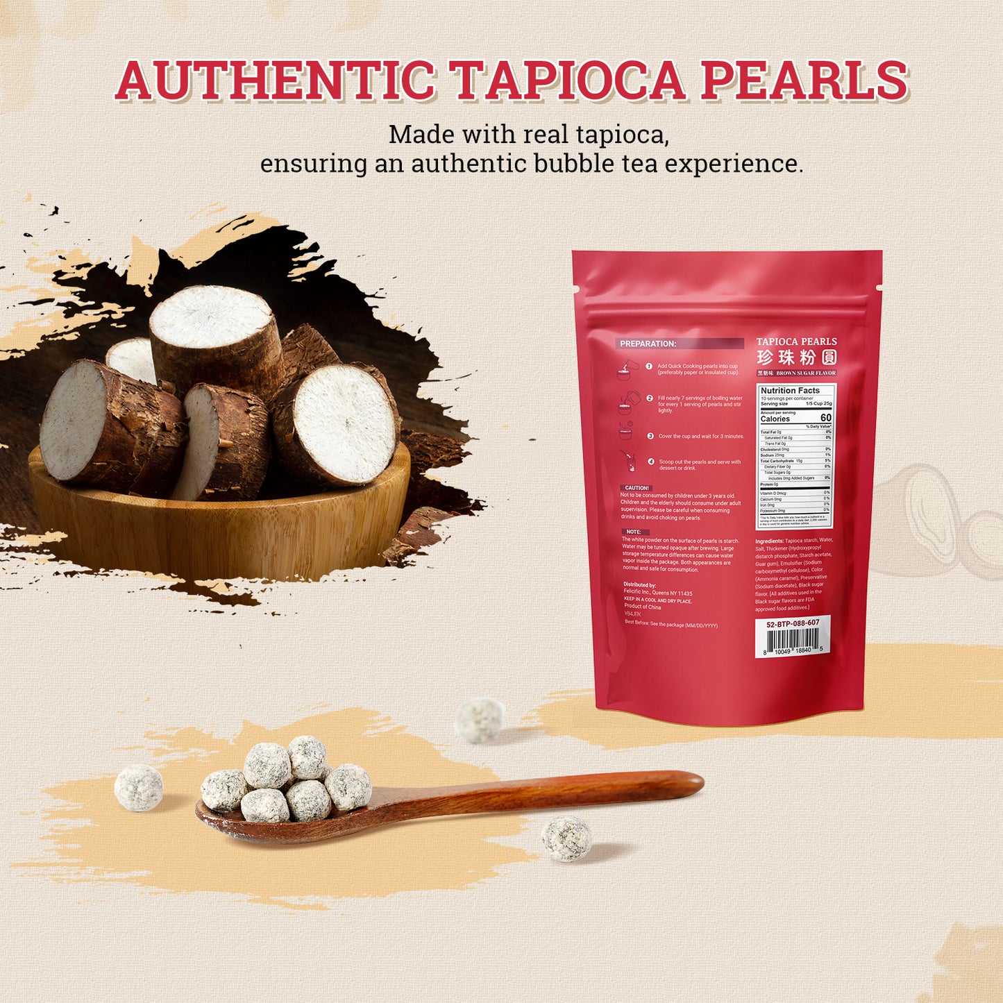 52USA Boba Tapioca Pearl, Black Sugar Flavor, Fresh Bubble Tea Pearl, 8.8 Oz (250 g), Black Tapioca Pearl For Bubble Tea, Ready in 5 Minutes (Pack of 1)