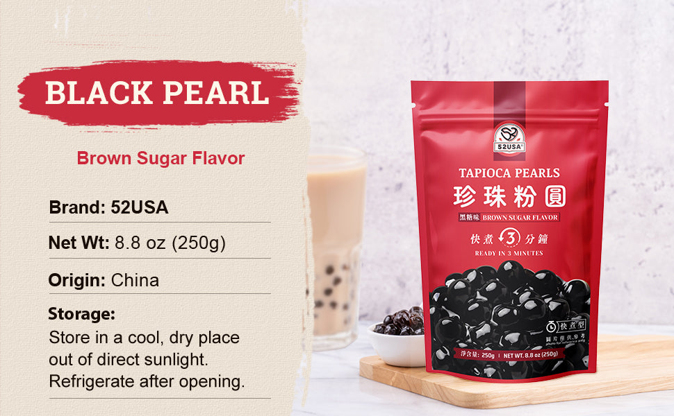 52USA Boba Tapioca Pearl, Black Sugar Flavor, Fresh Bubble Tea Pearl, 8.8 Oz (250 g), Black Tapioca Pearl For Bubble Tea, Ready in 5 Minutes (Pack of 1)