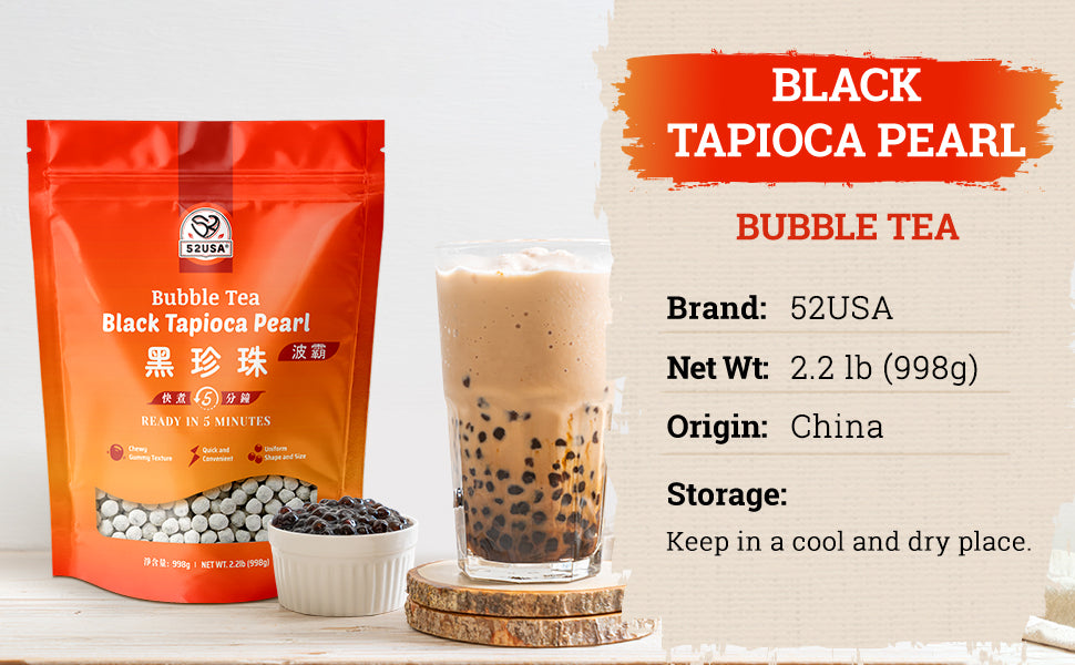 52USA Boba Tapioca Pearls 2.2LB, Fresh Bubble Tea Pearl, Quick Cook Black Plearls for Milk Tea, Smoothies, Desserts and Drinks-Ready in 5 Minutes