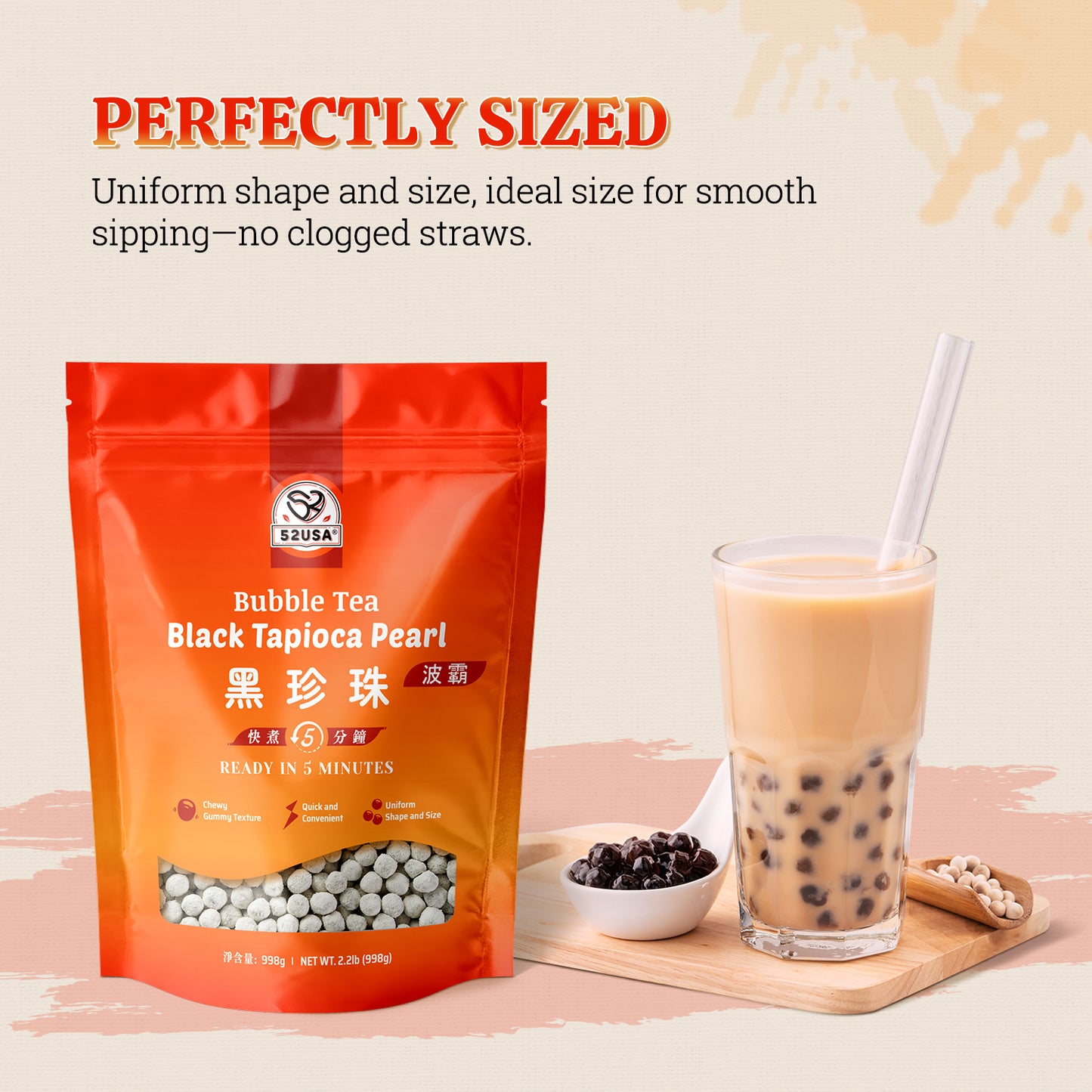 52USA Boba Tapioca Pearls 2.2LB, Fresh Bubble Tea Pearl, Quick Cook Black Plearls for Milk Tea, Smoothies, Desserts and Drinks-Ready in 5 Minutes