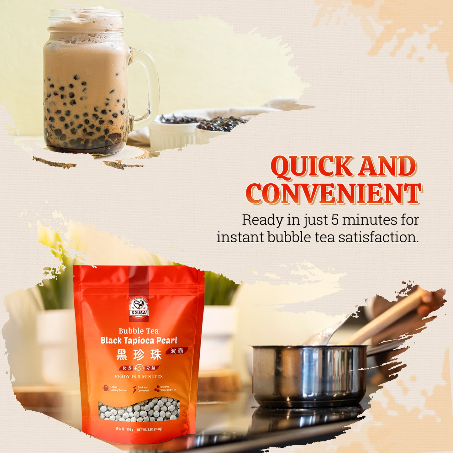 52USA Boba Tapioca Pearls 2.2LB, Fresh Bubble Tea Pearl, Quick Cook Black Plearls for Milk Tea, Smoothies, Desserts and Drinks-Ready in 5 Minutes