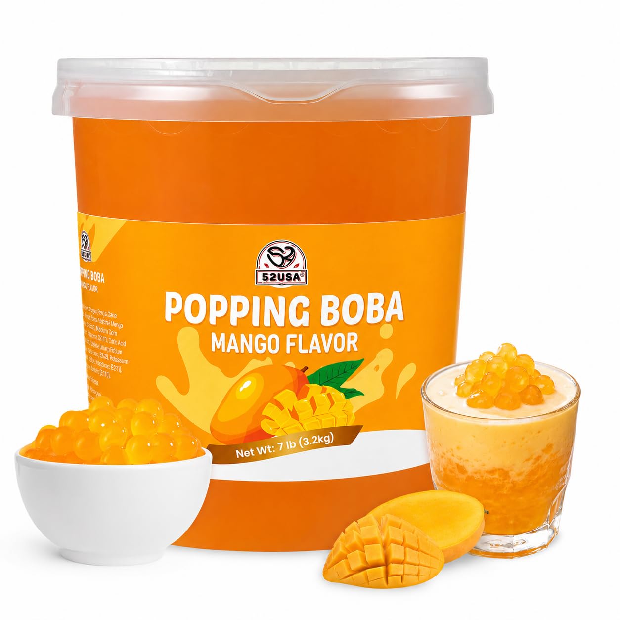 52USA Mango Popping Boba Pearls 7.05 Pounds(3.2kg), Bursting Boba Pearls Popping Pearlsfor Bubble Tea, Beverages, Shakes, Desserts, Smoothie and Ice Cream Topping