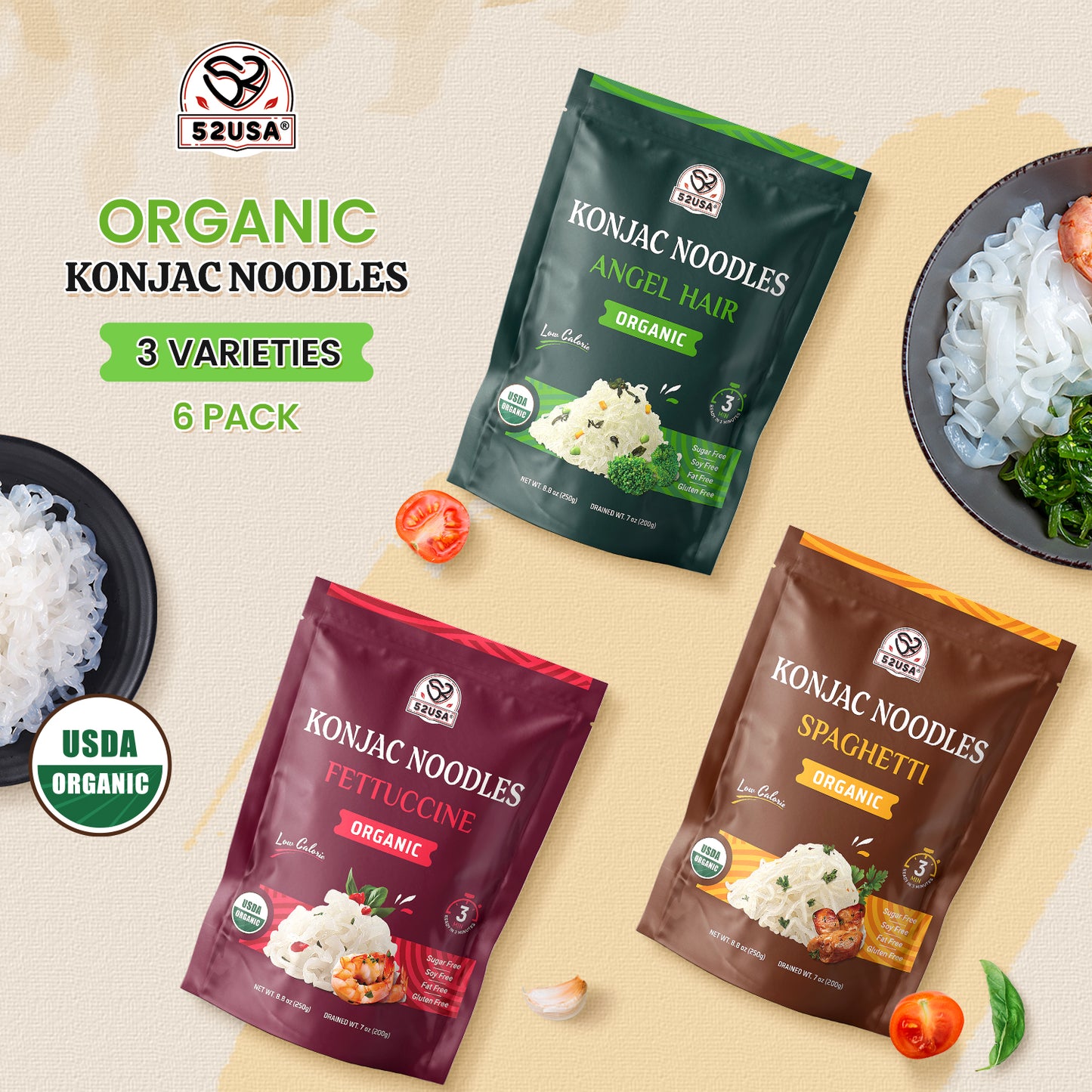52USA Light Meal Duo: Low Sodium Soy Sauce 16.2oz + Shirataki Noodles 6-Pack Variety (Angel Hair, Fettuccine, Spaghetti) – Ready-to-Eat Low Fat Pasta & Sauce Kit