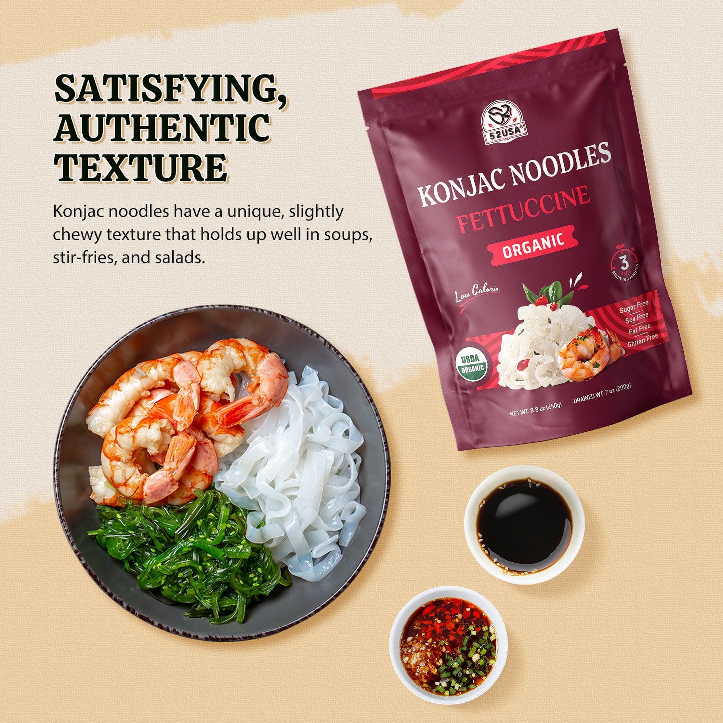 52USA Complete Asian Noodle Kit: Shirataki Noodles 12-Pack, Low Sodium Soy Sauce 16.2oz & Bamboo Chopsticks 5-Pair Set – Low Fat, Ready-to-Eat Meal Bundle