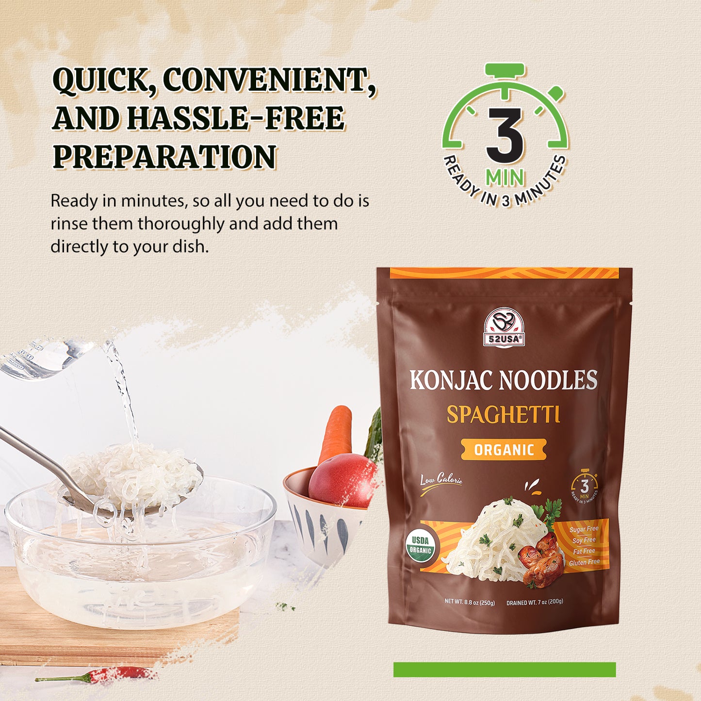 52USA Light Meal Duo: Low Sodium Soy Sauce 16.2oz + Shirataki Noodles 6-Pack Variety (Angel Hair, Fettuccine, Spaghetti) – Ready-to-Eat Low Fat Pasta & Sauce Kit