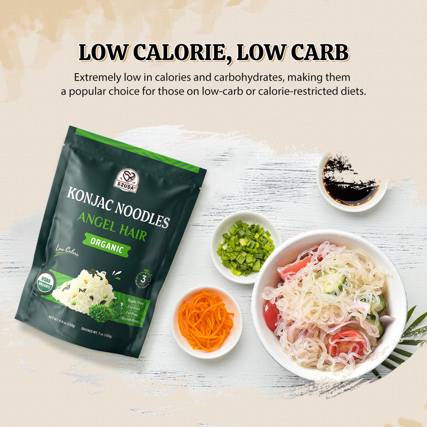 52USA Complete Asian Noodle Kit: Shirataki Noodles 12-Pack, Low Sodium Soy Sauce 16.2oz & Bamboo Chopsticks 5-Pair Set – Low Fat, Ready-to-Eat Meal Bundle