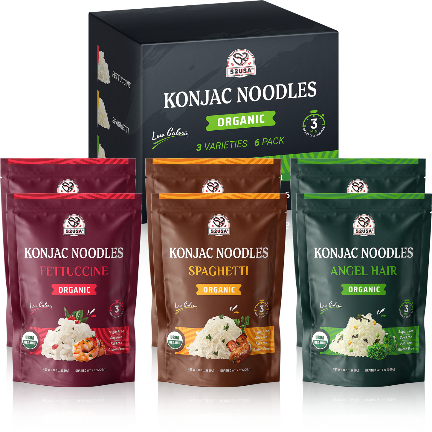 52USA Light Meal Duo: Low Sodium Soy Sauce 16.2oz + Shirataki Noodles 6-Pack Variety (Angel Hair, Fettuccine, Spaghetti) – Ready-to-Eat Low Fat Pasta & Sauce Kit