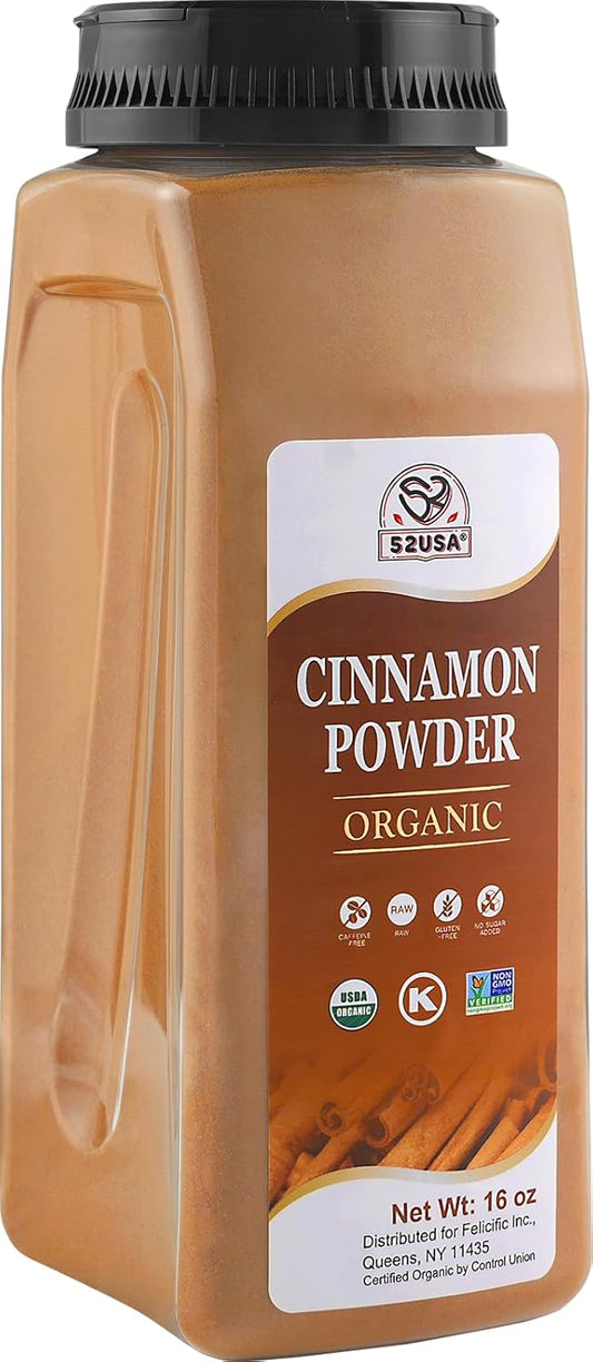 52USA Organic Cinnamon Powder,1 lb (16oz),Pure Ground Cinnamon, 100% Certified,Premium Quality Spice-Great for Baking,Cooking and Drinks,Additive Free, USDA & Kosher Certified, Non-GMO,Gluten Free