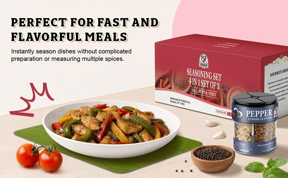 52USA 4-in-1 Seasoning Shaker Set of 3, Assorted Multi Flavor Spice Blends–Himalayan & Black Salt, Garlic & Chili Pepper, Salt Pepper Pasta Mix, All Purpose Condiment Kit for Cooking Grilling Pasta