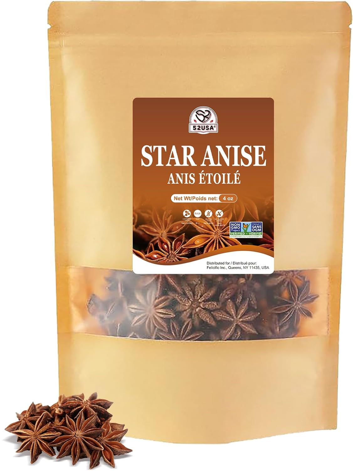 52USA NON-GMO Whole Chinese Star Anise, 4 Ounce, All Natural Spice, Anis Estrella, Dried Spice Pods, Star Anise Whole Ideal for Cooking Tea Baking & Seasoning, Anis Estrellado, Stars Anise Seeds