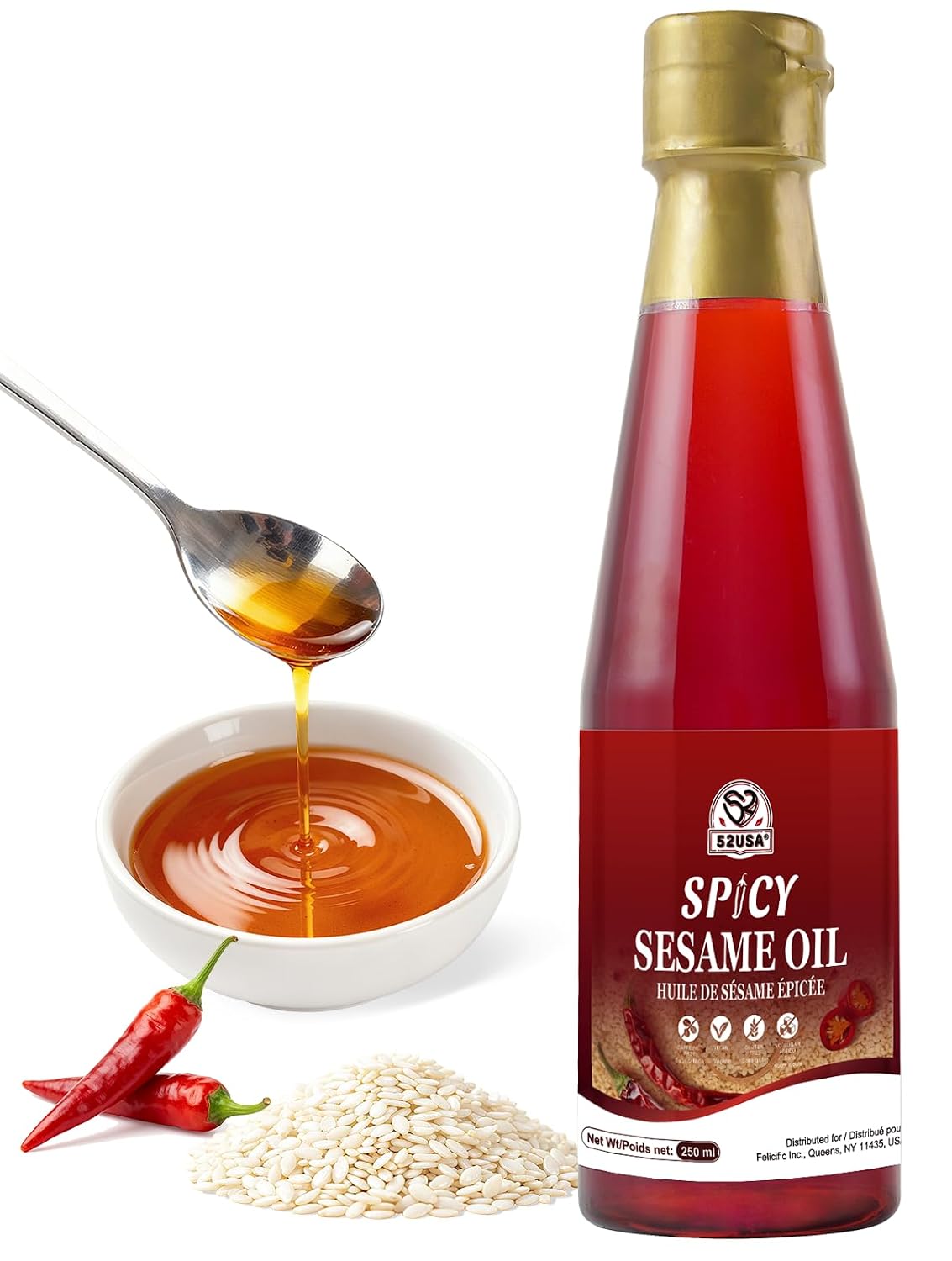 52USA Premium Spicy Sesame Oil, Toasted Seasame Chili Oil 2 Pack, 8.45 Fl oz (250 ml*2), Aromatic Chili-Infused Flavor, Bold Heat & Nutty Taste, Ideal for Asian Cooking, Baking & Soups, Marinades