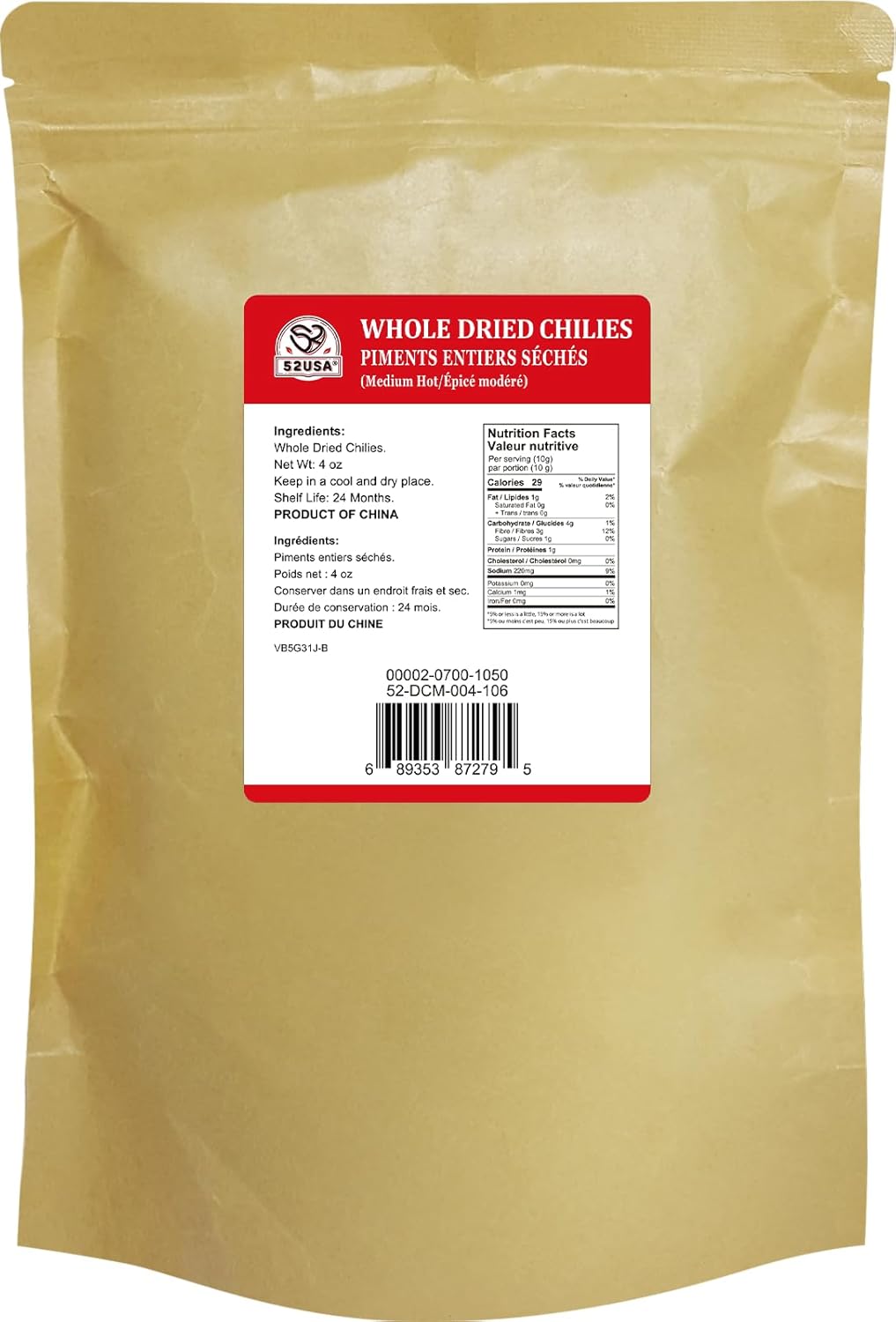 52USA Whole Dried Chilli Peppers, Medium Spicy Dried Chilies 4 Oz, Natural and Premium Red Chili Pepper, Szechuan Red Peppers, Whole Dry Chili Pepper, Medium Hot