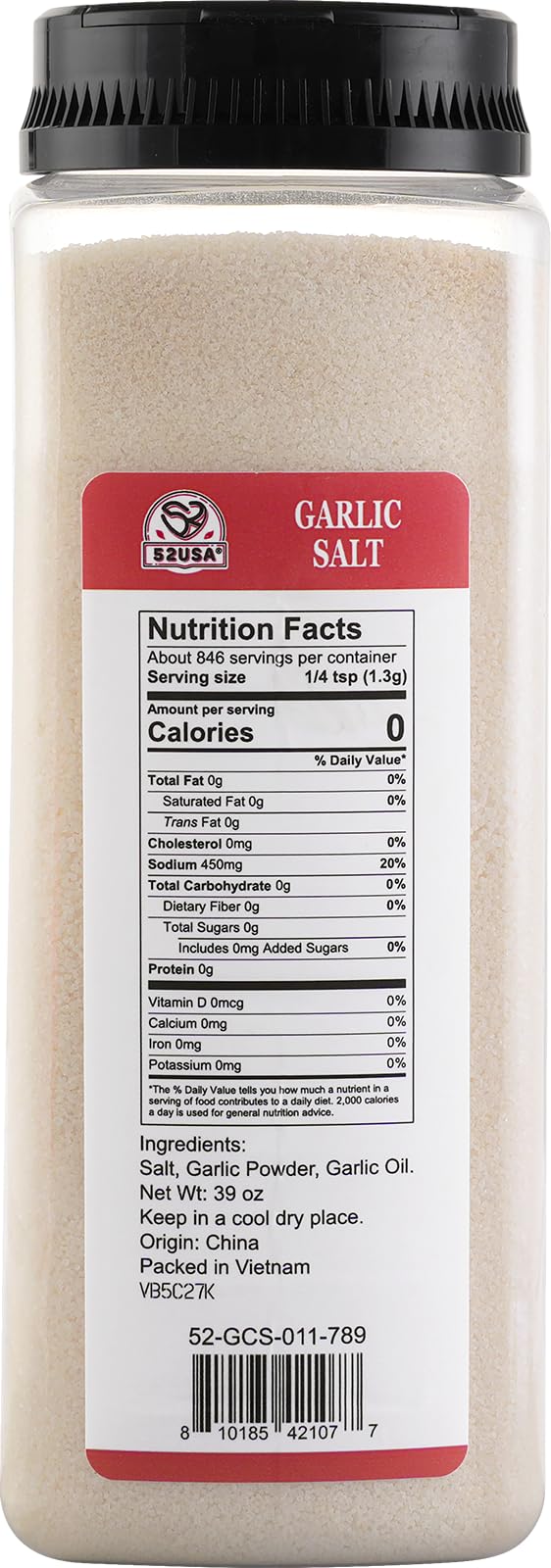 52USA Garlic Salt 39 Ounce(1.1 kg), Garlic Salt Bulk Seasoning, Fine Ground Salt Garlic, No MSG Added, Non-GMO, Kosher, Gluten Free, Flavorful Salt for Soups, Vegetables, Meats, Breads and More