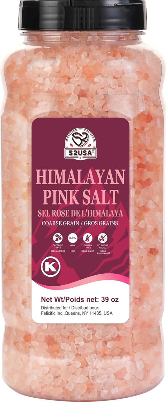 52USA Himalayan Pink Salt, Coarse Grain, 39 oz (2.4 LB), Pink Himalayan Sea Salt, Kosher Salt, Sea Salt for Grinder Refill, Himalayan Salt