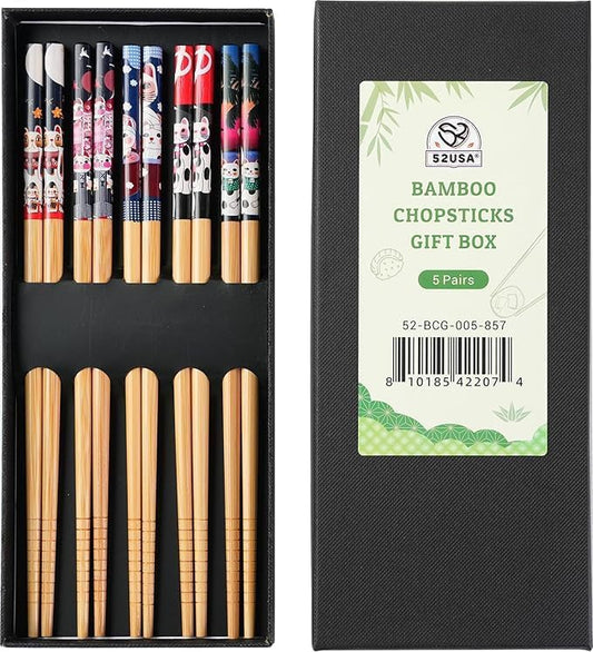 52USA Bamboo Chopsticks, Reusable with Case, Dishwasher Safe, 5 Pairs–Natural Wooden Chopsticks Gift Set for Sushi, Noodles, Ramen & Asian Cuisine, Classic Japanese Chop sticks Gift Box, 9 Inch/22.9cm