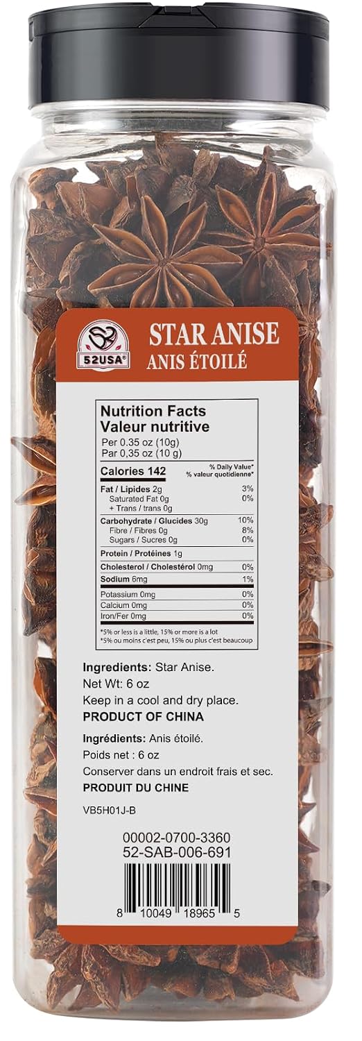 52USA Star Anise, Whole Dried Anise Seeds 6 oz, Natural Aromatic Spice | Comes in Bottle, Chinese Star Anise Ideal for Cooking, Baking, Soups, Marinades and Herbal Teas