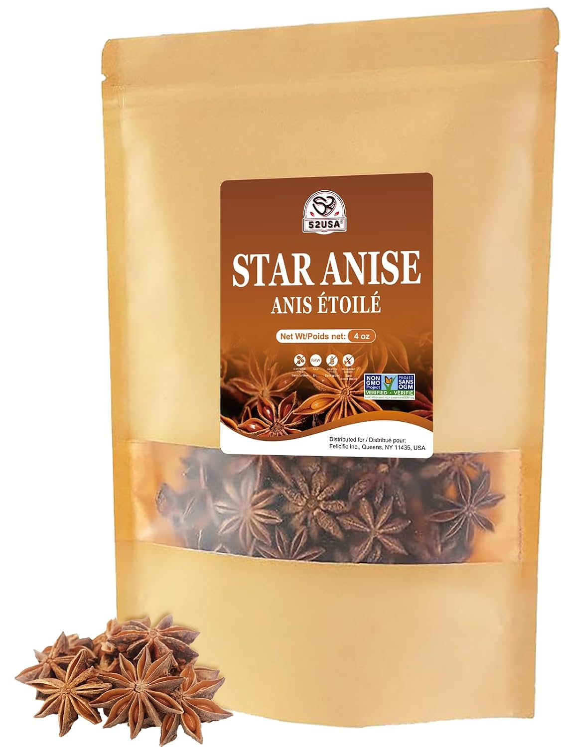 52USA,whole 4oz (Pack of 1), NON-GMO Verified Chinese, Dried Anise Spice Aromatic Anise Star for Baking and Tea, Pho Broth, Mulled Wine, Braising Meat, Whole Chinese Star Anise Pods, Anis Estrella
