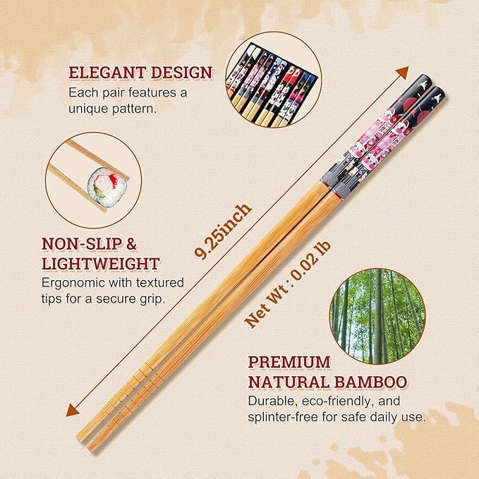 52USA Bamboo Chopsticks, Reusable with Case, Dishwasher Safe, 5 Pairs–Natural Wooden Chopsticks Gift Set for Sushi, Noodles, Ramen & Asian Cuisine, Classic Japanese Chop sticks Gift Box, 9 Inch/22.9cm