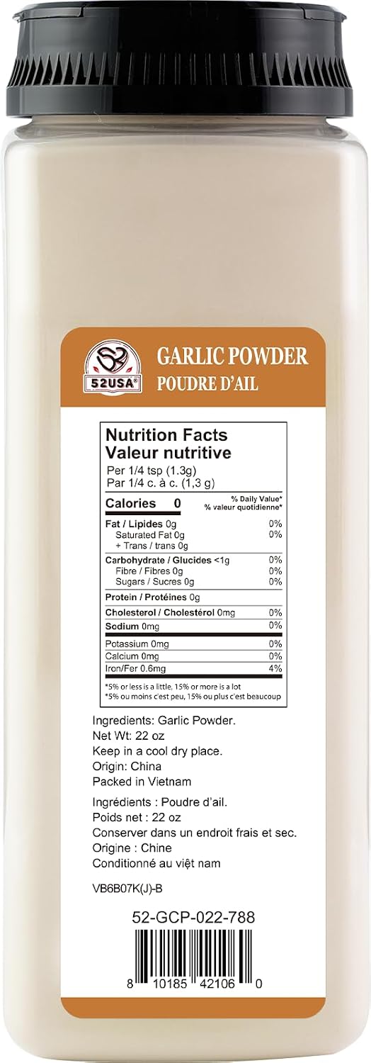 Click to see full view 52USA Garlic Powder 22 oz (1.54Lb), Fine Garlic Powder Seasoning for Cooking, Grilled Meats, Salads, Flavor Vegetables and Dressings, Gluten Free