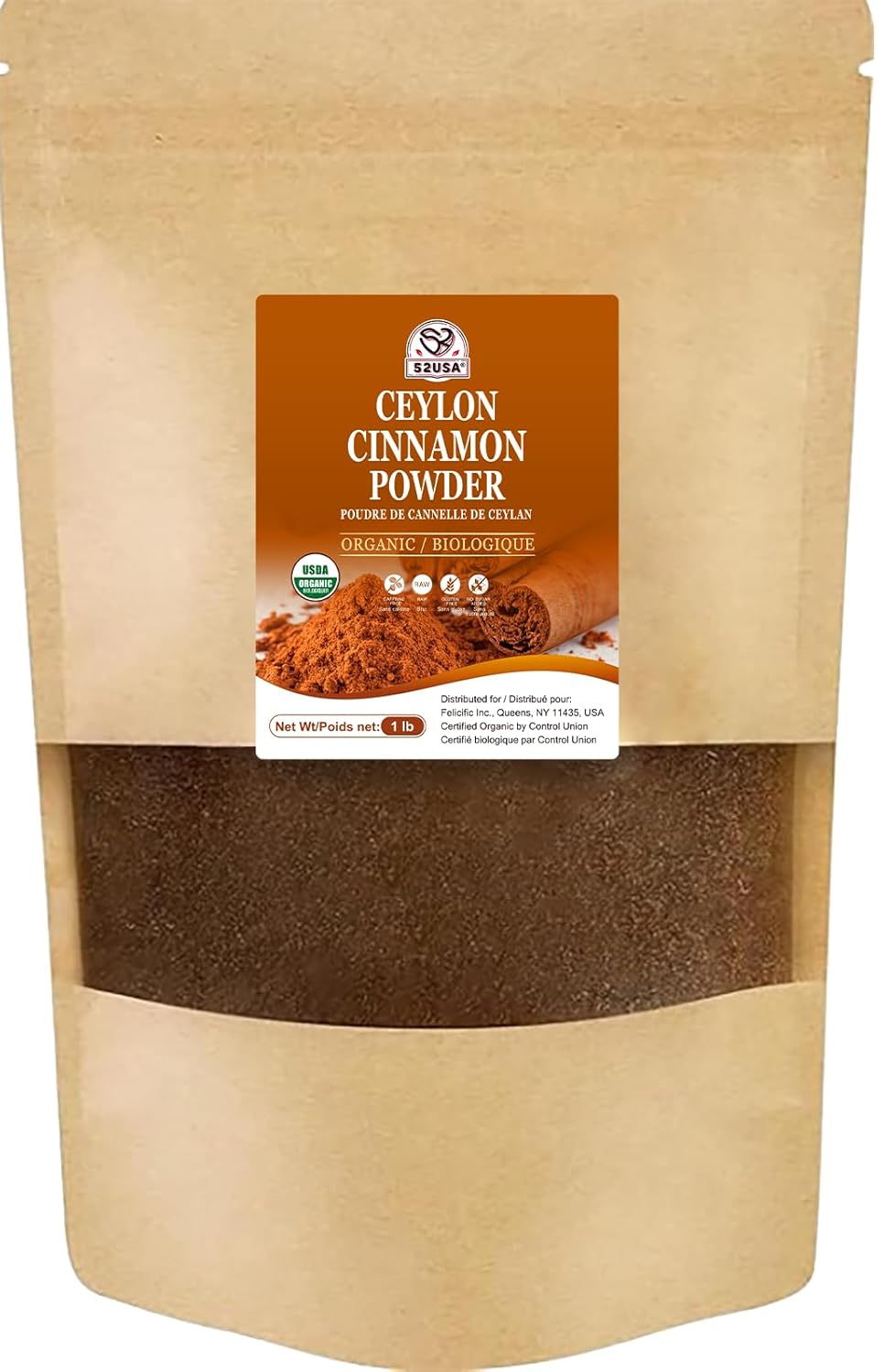 52USA Organic Ceylon Cinnamon Powder, 1lb Resealable Bag | True Cinnamon from Sri Lanka, Non-GMO, Gluten-Free, Freshly Ground for Baking, Cooking & Beverages