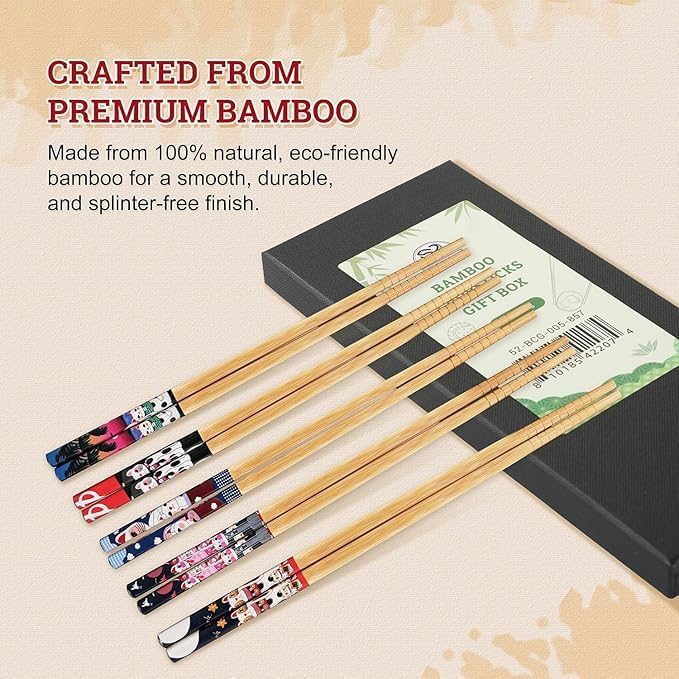 52USA Bamboo Chopsticks, Reusable with Case, Dishwasher Safe, 5 Pairs–Natural Wooden Chopsticks Gift Set for Sushi, Noodles, Ramen & Asian Cuisine, Classic Japanese Chop sticks Gift Box, 9 Inch/22.9cm