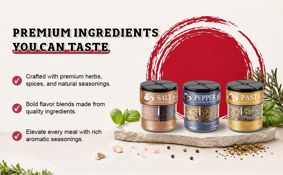 52USA 4-in-1 Seasoning Shaker Set of 3, Assorted Multi Flavor Spice Blends–Himalayan & Black Salt, Garlic & Chili Pepper, Salt Pepper Pasta Mix, All Purpose Condiment Kit for Cooking Grilling Pasta