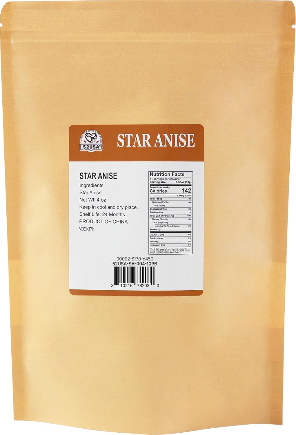 52USA NON-GMO Whole Chinese Star Anise, 4 Ounce, All Natural Spice, Anis Estrella, Dried Spice Pods, Star Anise Whole Ideal for Cooking Tea Baking & Seasoning, Anis Estrellado, Stars Anise Seeds