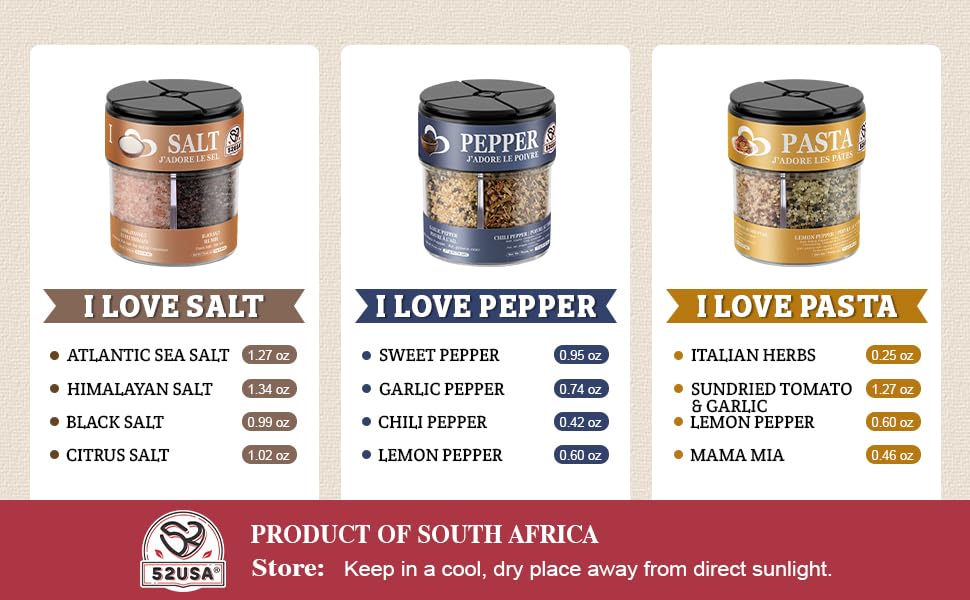 52USA 4-in-1 Seasoning Shaker Set of 3, Assorted Multi Flavor Spice Blends–Himalayan & Black Salt, Garlic & Chili Pepper, Salt Pepper Pasta Mix, All Purpose Condiment Kit for Cooking Grilling Pasta