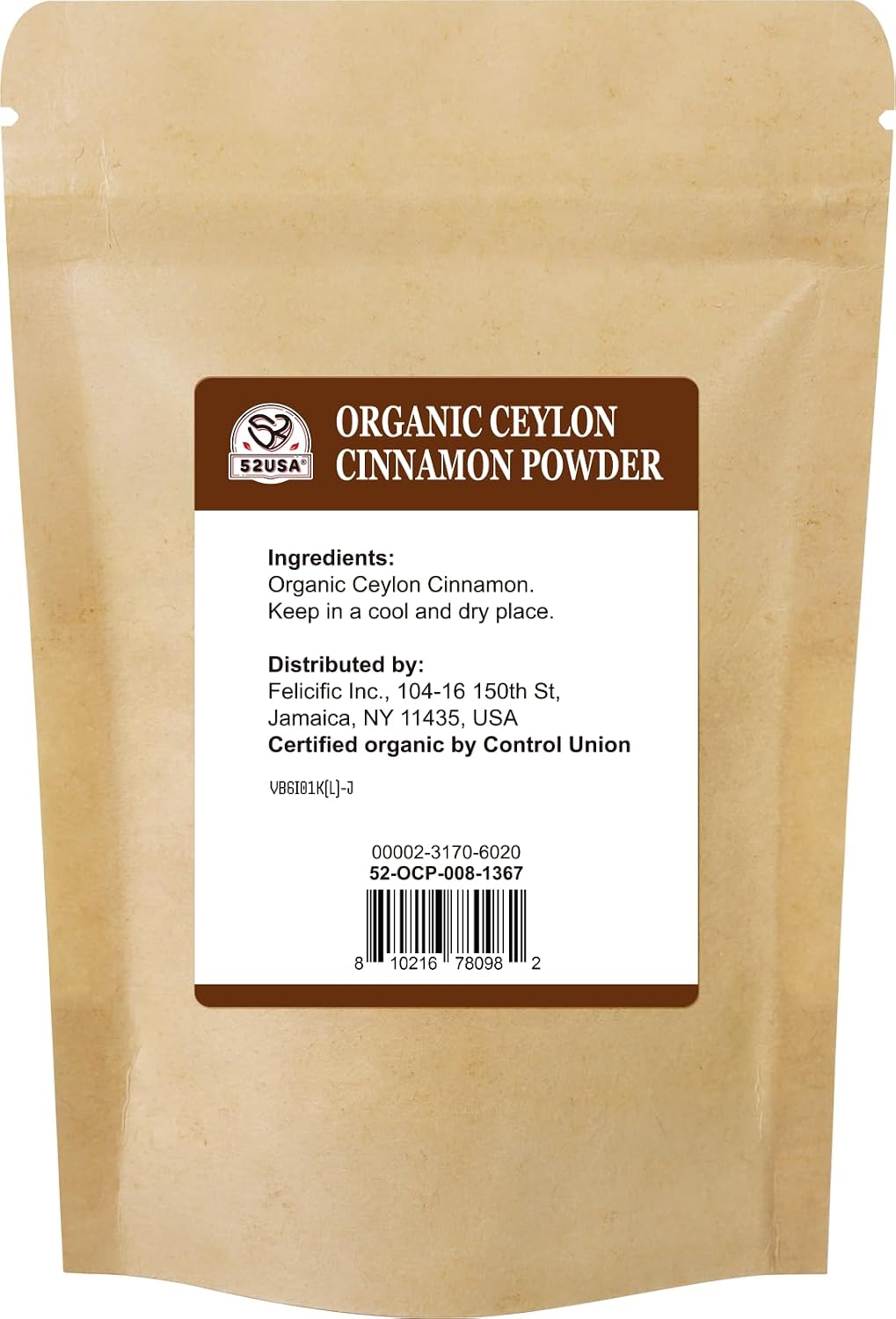 52USA Organic Ceylon Cinnamon Powder, USDA & Kosher Certified, 8 oz Bag True Cinnamon from Sri Lanka, Premium Grade, Non-GMO, Gluten-Free, Low Coumarin, for Coffee, Baking, Cooking, Beverages