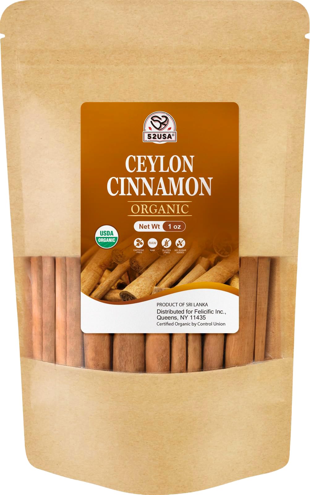 52USA Organic Ceylon Cinnamon Sticks 1 oz, Ceylon Cinnamon Stick Organic, Ceylon Ground Cinnamon farmed in Sri Lanka, Non-GMO, Cinnamon for Coffee, Baking, Cooking and Beverages