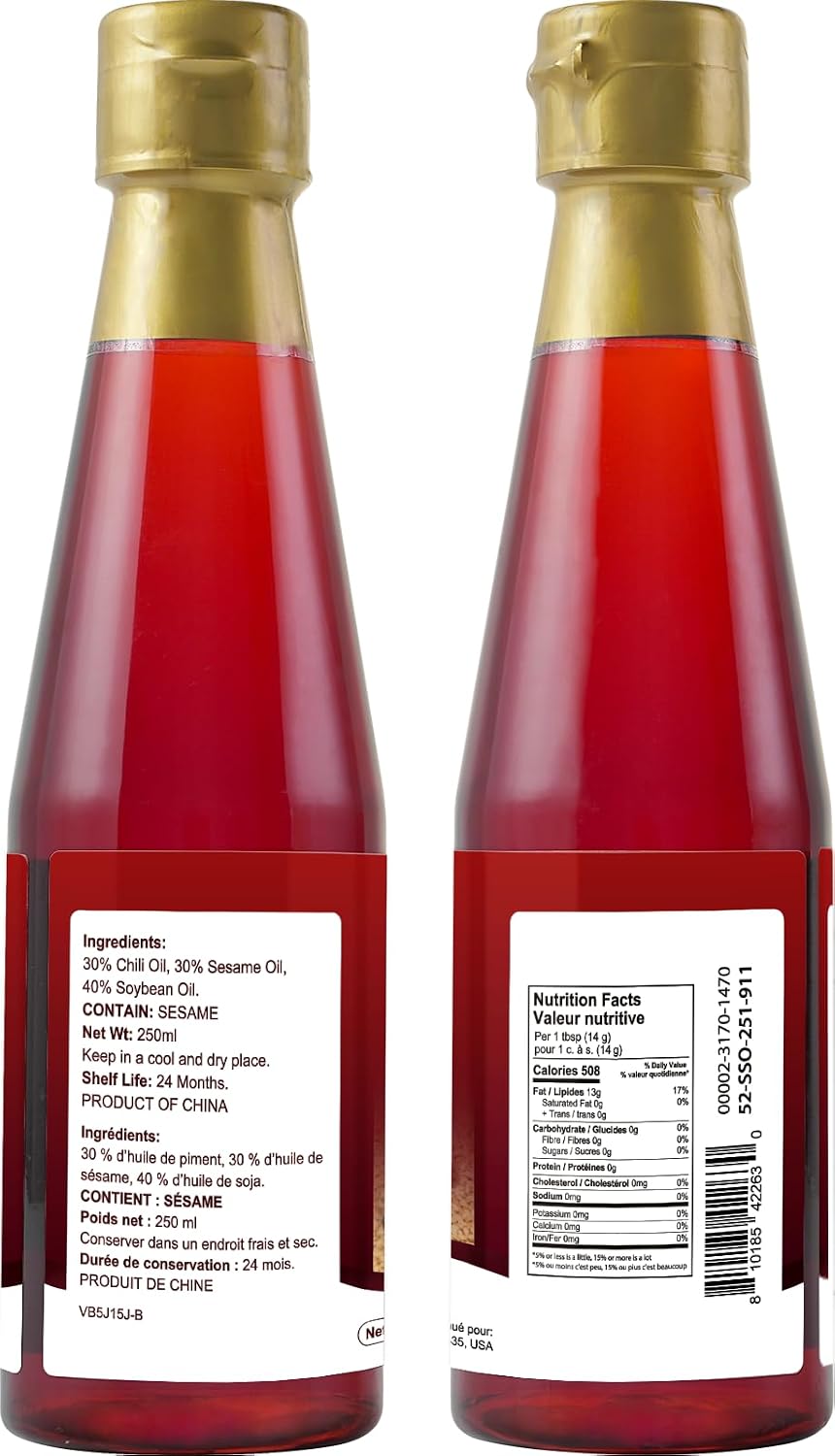 52USA Premium Spicy Sesame Oil, Toasted Seasame Chili Oil 2 Pack, 8.45 Fl oz (250 ml*2), Aromatic Chili-Infused Flavor, Bold Heat & Nutty Taste, Ideal for Asian Cooking, Baking & Soups, Marinades